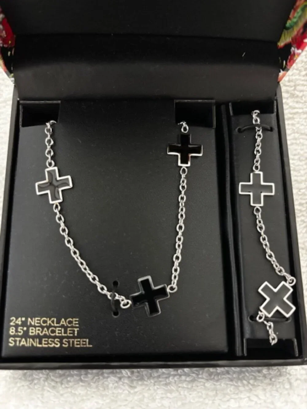 Ed Hardy stainless steel 'cross' necklace and bracelet two-piece set New in Box